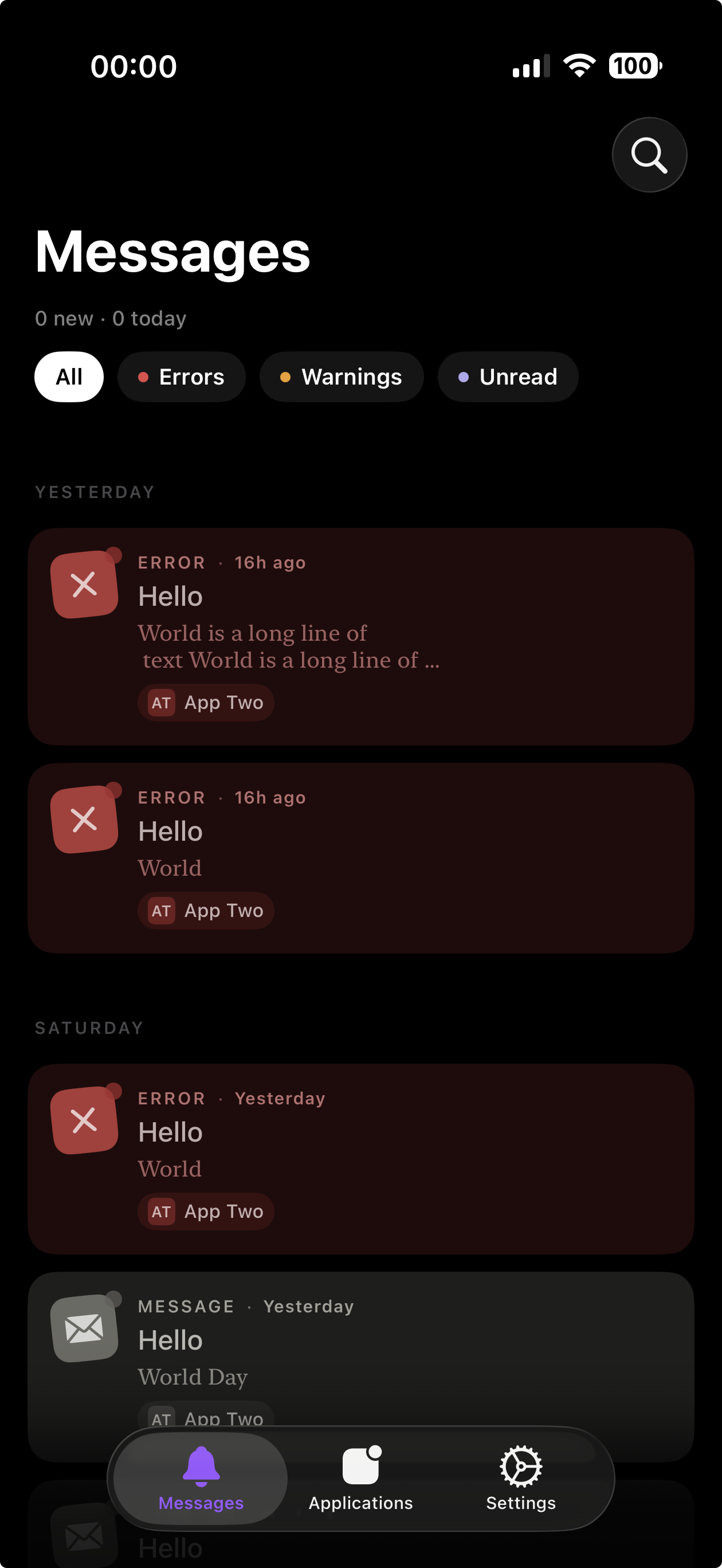 Alertly Messages screen showing recent error and message alerts
